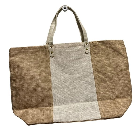 Mud Pie tan striped jute tote bag NWOT beach shopping travel versatile - Picture 4 of 5